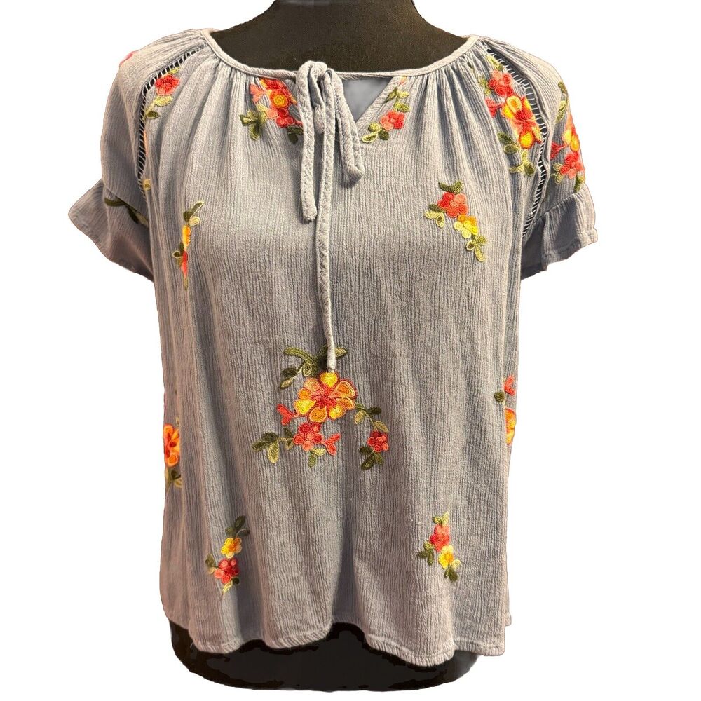 Liv Los Angeles Top L Womens Blue Embroidered Blouse Cottagecore Prairie Beach